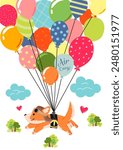 Animals pilots postcard. Dog fly at air balloons. Fantasy and imagination. Fairy tale for kids. Cover for social networks and messegers. Flight and trip. Cartoon flat vector illustration