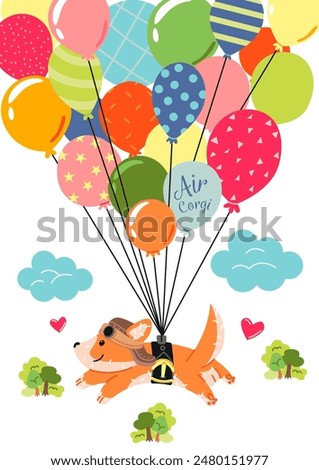 Animals pilots postcard. Dog fly at air balloons. Fantasy and imagination. Fairy tale for kids. Cover for social networks and messegers. Flight and trip. Cartoon flat vector illustration