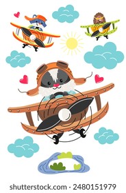 Animals pilots postcard. Raccoon and hedgehog in races at planes. Fantasy and imagination. Fairy tale for kids. Greeting card template. Flight and trip. Cartoon flat vector illustration