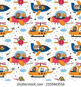 Animals pilots seamless pattern. Cute print with happy aviators characters. Mammals flying aircraft. Colorful airplanes and helicopters with passengers. Planes flight