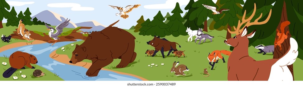 Animals of pine forest go to watering hole. Woodland landscape with wild bear, deer, boar with babies, hare, fox near river. Wildlife is on on green meadow with stream. Flat vector illustration