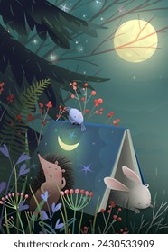 Animals in pine forest with stars and moon, sleeping under goodnight book. Fairytale porcupine and bunny, dreaming under a story book for kids. Vector children illustration animal characters for sleep