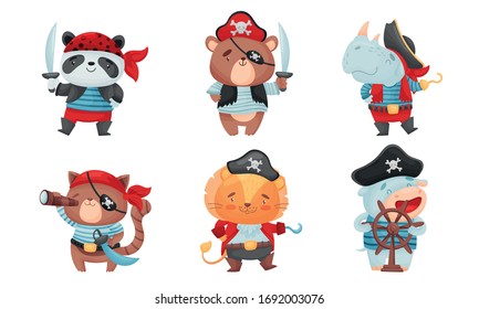 Animals Pirates with Bandana and Eye Patch Vector Set