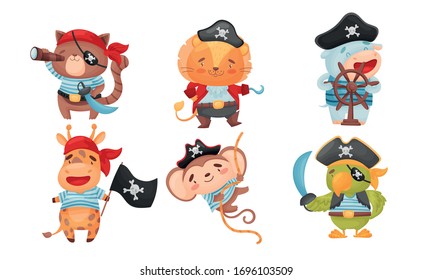 Animals Pirates with Bandana and Eye Patch Vector Set