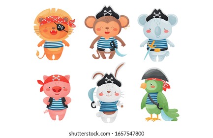 Animals Pirates Wearing Bandana and Hats with Crossed Bones Sign Vector Set