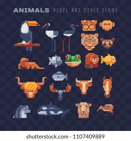 Animals Pixel Art 80s Style Icons Set, Luwak Frog Horse Bull Llama Monkey Heads, Beaver, Whale, Fish And Bird Isolated Vector Illustration. Design Stickers, Logo, Embroidery, App. 8-bit Sprite Sheet.