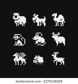 Tiere Pixel-Kunstsymbol Set ram, Ziege, Kamel, Affe, Schwein und Hirsch. Aufkleber, Logo, Stickereidesign. Verschiedene Tierarten einzeln auf Vektorgrafik. Videospiele-Objekte.