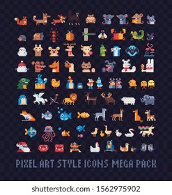 Animals pixel art icons mega big set, mice, dogs, chickens, cats, fish, farm animals, birds and lizards. Design for stickers, logo, mosaic, web and mobile app. Isolated vector illustration. 8-bit.