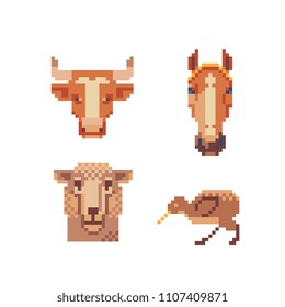 Animals pixel art icons set, isolated vector flat style illustration. Animal heads cow, horse and llama. Kiwi bird. Design for stickers, logo, embroidery, mobile app. Video game assets 8-bit sprite.