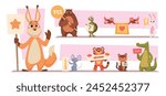 Animals with placards. Characters in action poses holding ads posters or empty banners exact vector cartoon animals