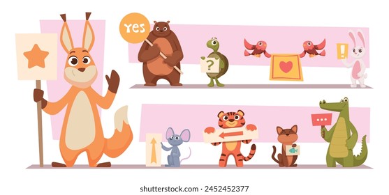 Animals with placards. Characters in action poses holding ads posters or empty banners exact vector cartoon animals