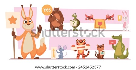 Animals with placards. Characters in action poses holding ads posters or empty banners exact vector cartoon animals