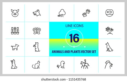 Animals and plant icons. Set of line icons. Dog, cat, tree. Nature concept. Vector illustration can be used for topics like gardening, farm, zoo.