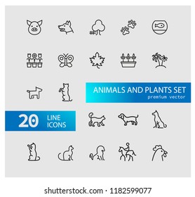 Animals and plant icons. Set of line icons. Dog, cat, tree. Nature concept. Vector illustration can be used for topics like gardening, farm, zoo.