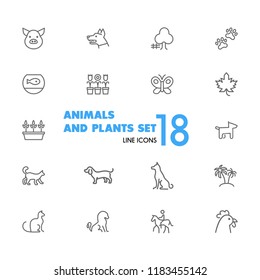 Animals and plant icons. Set of line icons. Dog, cat, tree. Nature concept. Vector illustration can be used for topics like gardening, farm, zoo.