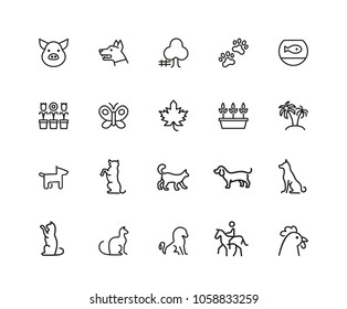 Animals and plant icons. Set of twenty line icons. Dog, cat, tree. Nature concept. Vector illustration can be used for topics like gardening, farm, zoo.