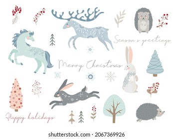 Animals and plants in boho or Scandinavian style. Christmas items. Large set with winter elements and holiday wishes. Winter vector illustration isolated on white background.