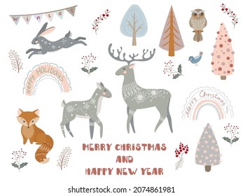 Animals and plants in boho or Scandinavian style. Christmas items. Large set with winter elements and holiday wishes. Winter vector illustration isolated on white background.