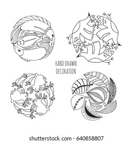 Animals and plants compositions inscribed in a circle. Hand drawn vector illustrations for typographic decoration. Clear line style drawing.