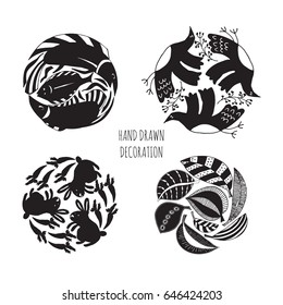 Animals and plants compositions inscribed in a circle. Hand drawn vector illustrations for typographic decoration. 
