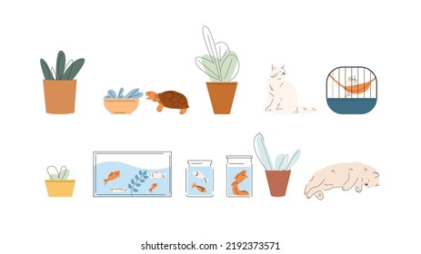 Animals and plants in pots. Home cozy elements, cats, fish in aquarium and hamster in cage. Cute kitten sleep, house garden vector icons