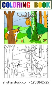 Animals play hide and seek. Set of coloring book and color picture. Vector illustration.