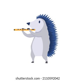 Animals play music. Adorable hedgehog with flute. Cute and charming character. Musician and wind instruments, pictures for children. Cartoon flat vector illustration isolated on white background