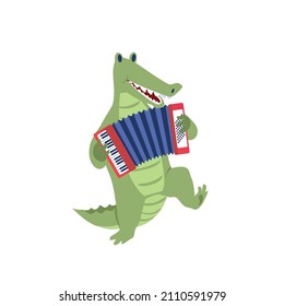 Animals Play Music. Crocodile Or Alligator With Accordion In Hand. Stickers For Social Networks, Pictures For Children, Nice Musician. Cartoon Flat Vector Illustration Isolated On White Background