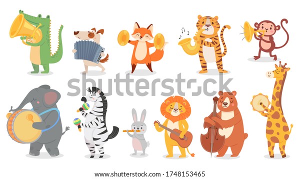 Animals\
play music. Cute animal playing music instruments, monkey plays\
trumpet and crocodile with saxophone vector illustration set.\
Cartoon animal play music, design drum\
instrument