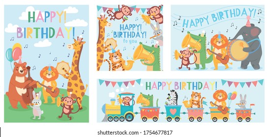 Animals play music greeting card. Happy birthday song played by cute animals orchestra with music instruments. Giraffe, lion, monkey musicians congratulation banner, poster vector illustration set.