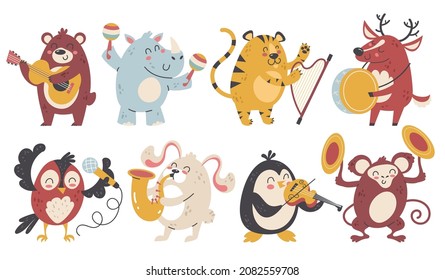 Animals play music. Happy wildlife characters with different musical instruments. Cartoon wild artists. Band sounds. Woodland creatures orchestra performance. Vector funny musicians set