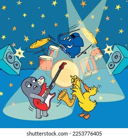 Animals play music instruments poster illustration at the concert design