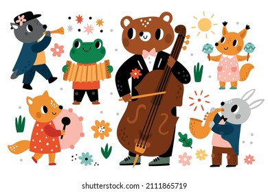 Animals play music. Musicians with instruments. Funny fairy tale characters. Bear double bass player. Hare with saxophone. Trumpeter and drummer. Vector musical orchestra