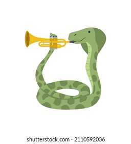 Animals play music. Snake with trumpet. Wind instruments, jazz and orchestra. High quality music, childrens musician, charming character. Cartoon flat vector illustration isolated on white background