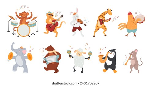 Animals play music. Zoo musicians, cute animal mascots with different musical instruments and orchestra characters isolated cartoon vector illustration set of character music forest