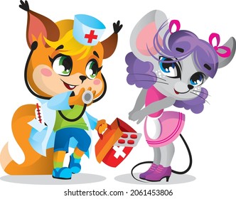 animals play in the profession. squirrel doctor (doctor's suit, stethoscope, pills, thermometer) examines the patient's mouse. childrens illustration