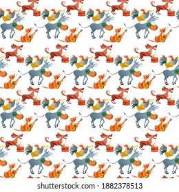 Animals play various musical instruments. A rooster with a pipe, a dog with a drum, a cat with a guitar, a donkey with an accordion. 
Seamless background pattern. Vector illustration