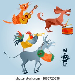 Animals play various musical instruments. A rooster with a pipe, a dog with a drum, a cat with a guitar, a donkey with an accordion. ”The Bremen Town Musicians” (German: Die Bremer Stadtmusikanten). 