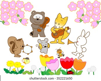 Animals playing it among spring flowers.