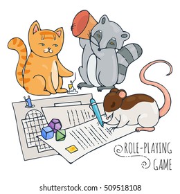 Animals playing board role-playing game. Vector illustration.