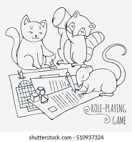 Animals playing board role-playing game. Vector illustration.