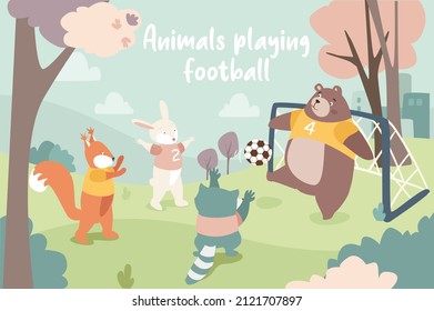 Animals playing football concept background. Rabbit, badger and raccoon kick ball and boar goalkeeper catches it at gate. Cute pets on playground in forest. Vector illustration in flat cartoon design