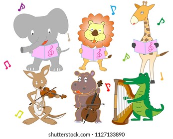 Animals are playing instruments and singing.
