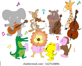 Animals are playing instruments and singing.
