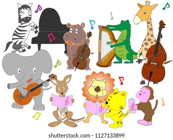 Animals are playing instruments and singing.
