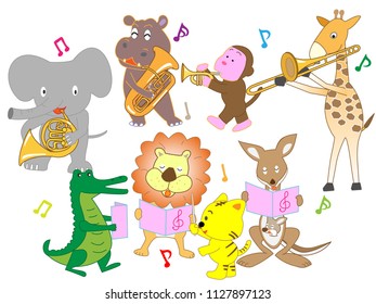 Animals are playing instruments and singing songs.
