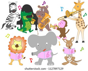 Animals are playing instruments and singing songs.
