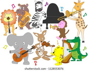Animals are playing instruments and singing songs.

