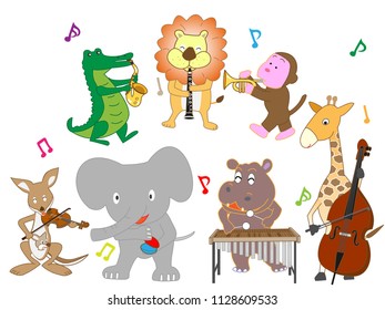 Animals are playing instruments and singing songs.

