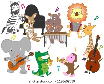 Animals are playing instruments and singing songs.
